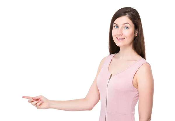 Woman with finger point aside — Stock Photo, Image