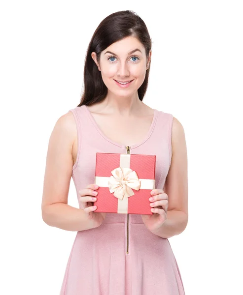 Woman with red gift box — Stock Photo, Image