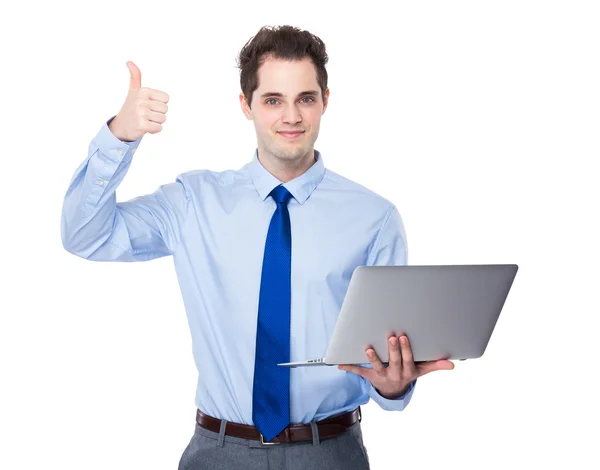 Businessman with notebook and thumb up — Stock Photo, Image