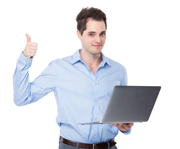 Businessman with laptop and thumb up — Stock Photo, Image
