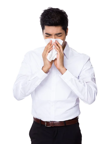 Businessman with runny nose — Stock Photo, Image
