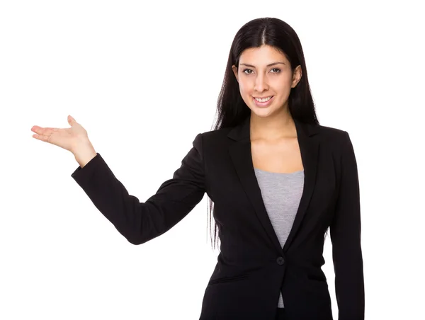 Businesswoman with open hand palm — Stock Photo, Image