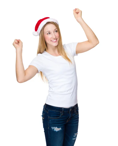 Christmas woman raised hands up — Stock Photo, Image