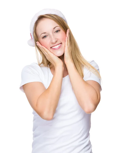 Christmas woman with hands on face — Stock Photo, Image