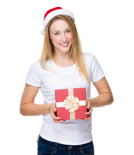 Vánoční žena s krabičky — Stock fotografie