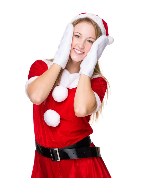 Рождественская женщина с руками на лице — стоковое фото