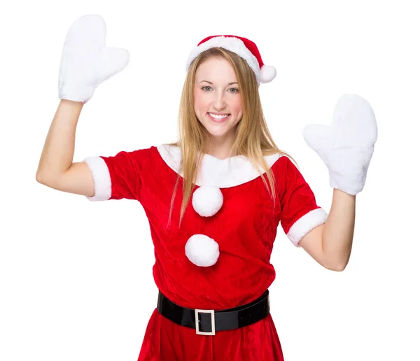 Christmas woman raised hands up — Stock Photo, Image