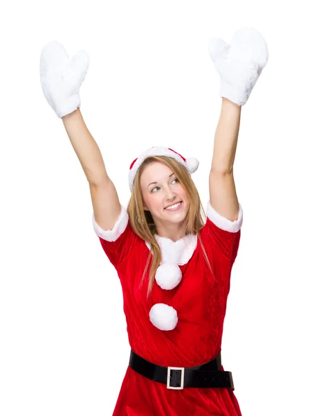 Donna di Natale alzato le mani Foto Stock
