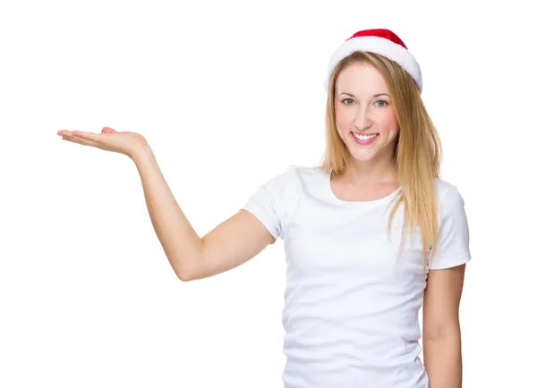 Christmas woman with open hand palm — Stock Photo, Image