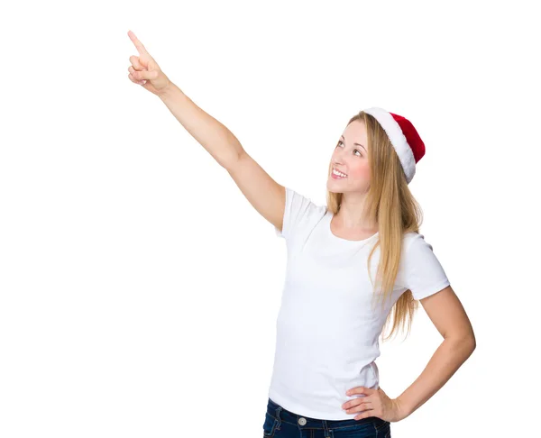 Christmas woman with finger point up — Stock Photo, Image