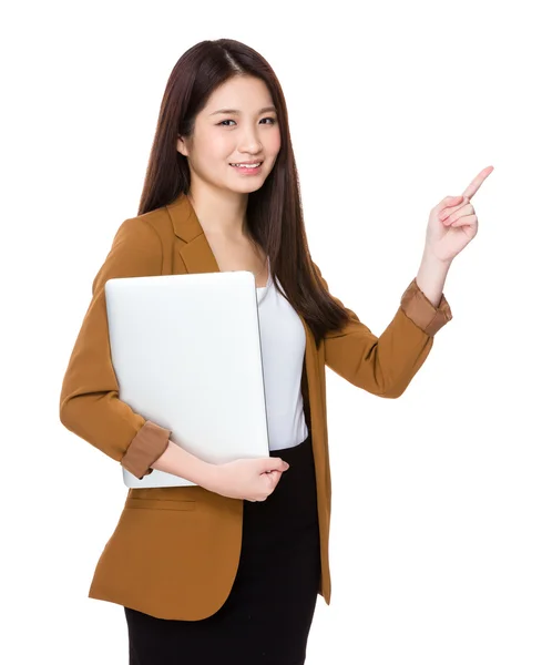 Woman with laptop and finger up — Stock Photo, Image