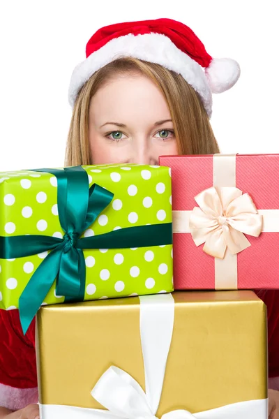 Donna di Natale con molte scatole regalo — Foto Stock