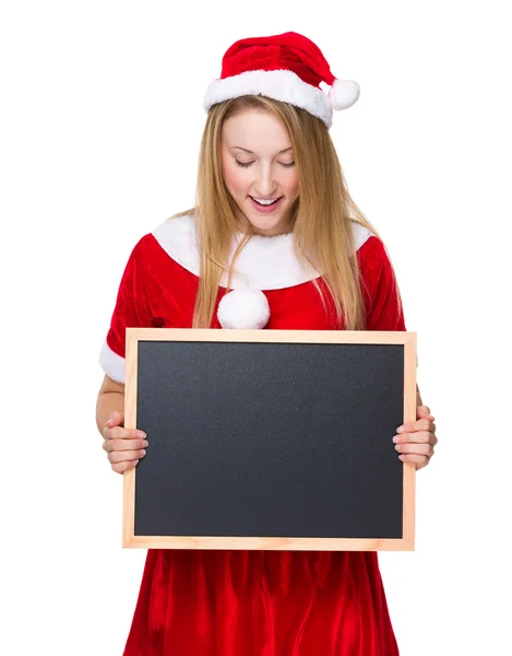 Christmas woman with blackboard — Stock Photo, Image