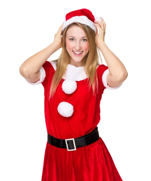 Christmas kvinna justera hatt — Stockfoto