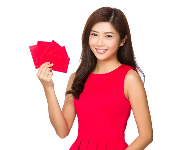 Woman with red pocket — Stock Photo, Image