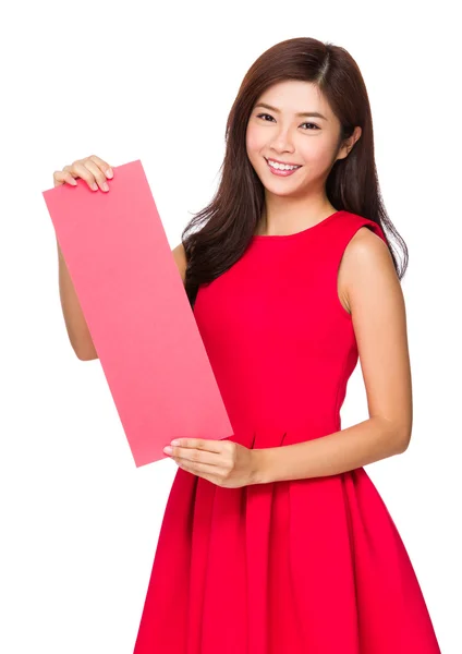Woman with blank red poster — Stock Photo, Image
