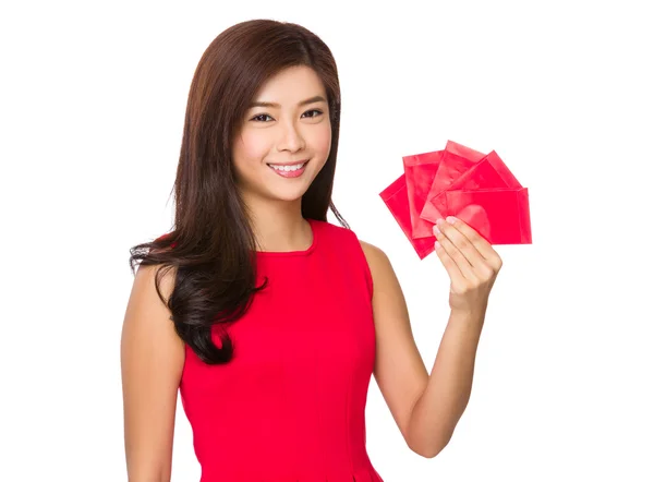 Woman with red pocket — Stock Photo, Image