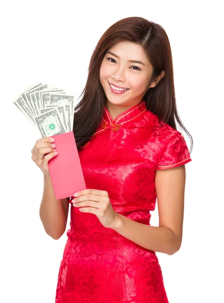 Woman with lucky money with USD — Stock Photo, Image