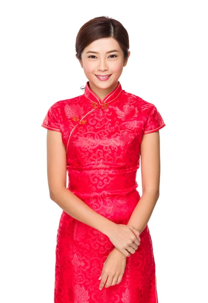 Woman in red cheongsam — Stock Photo, Image