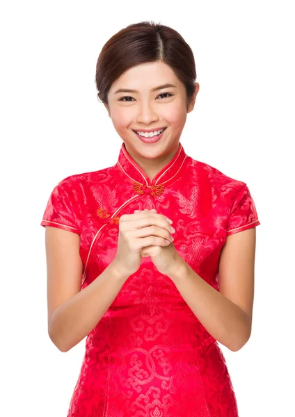 Woman with greeting gesture — Stock Photo, Image