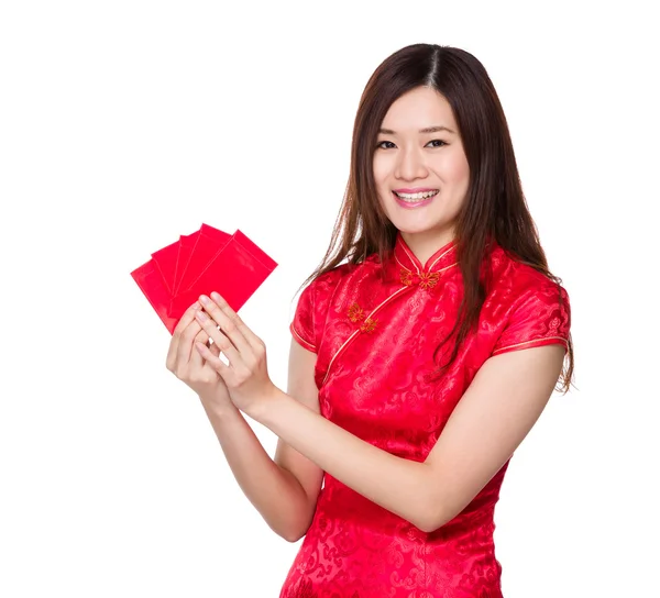 Woman with red pocket — Stock Photo, Image