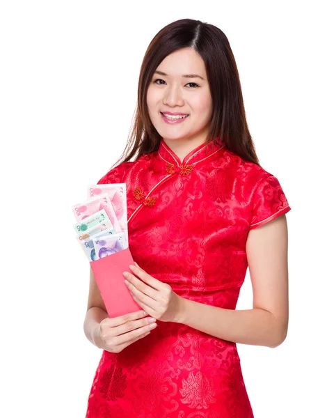 Woman holding lucky money with RMB — Stock Photo, Image