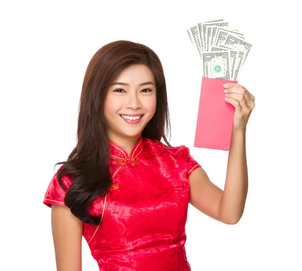 Woman with lucky money with USD — Stock Photo, Image