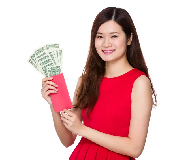 Woman holding pocket with USD — Stock Photo, Image
