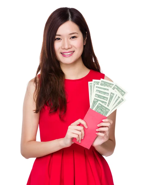 Kadın holding cep dolar ile — Stok fotoğraf