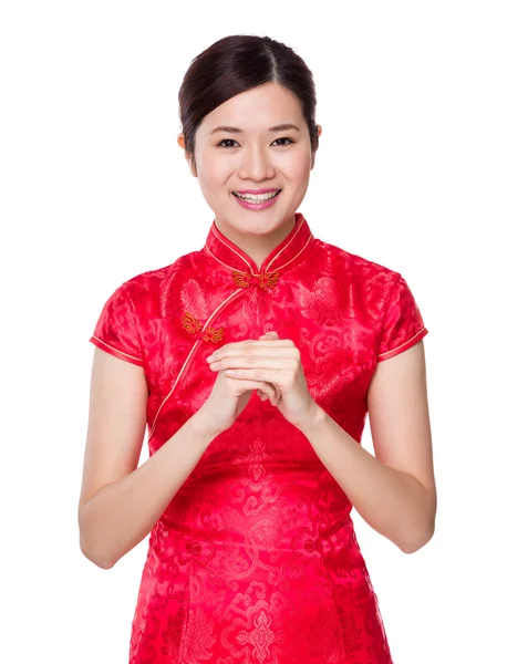 Woman with greeting hand gesture — Stock Photo, Image
