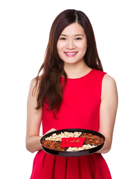 Woman with chinese snack box — Stock Photo, Image
