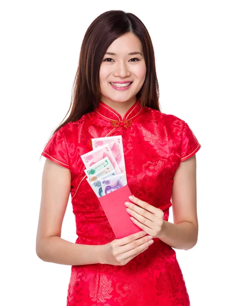 Woman holding lucky money with RMB — Stock Photo, Image