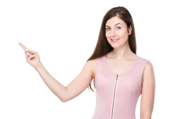 Woman with finger pointing up — Stock Photo, Image