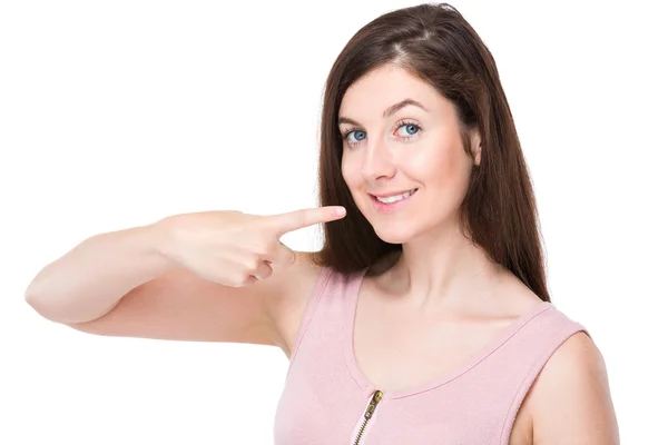 Woman pointing to her teeth — Stock Photo, Image