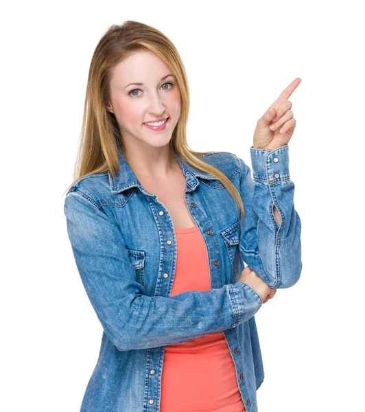 Woman with finger up — Stock Photo, Image