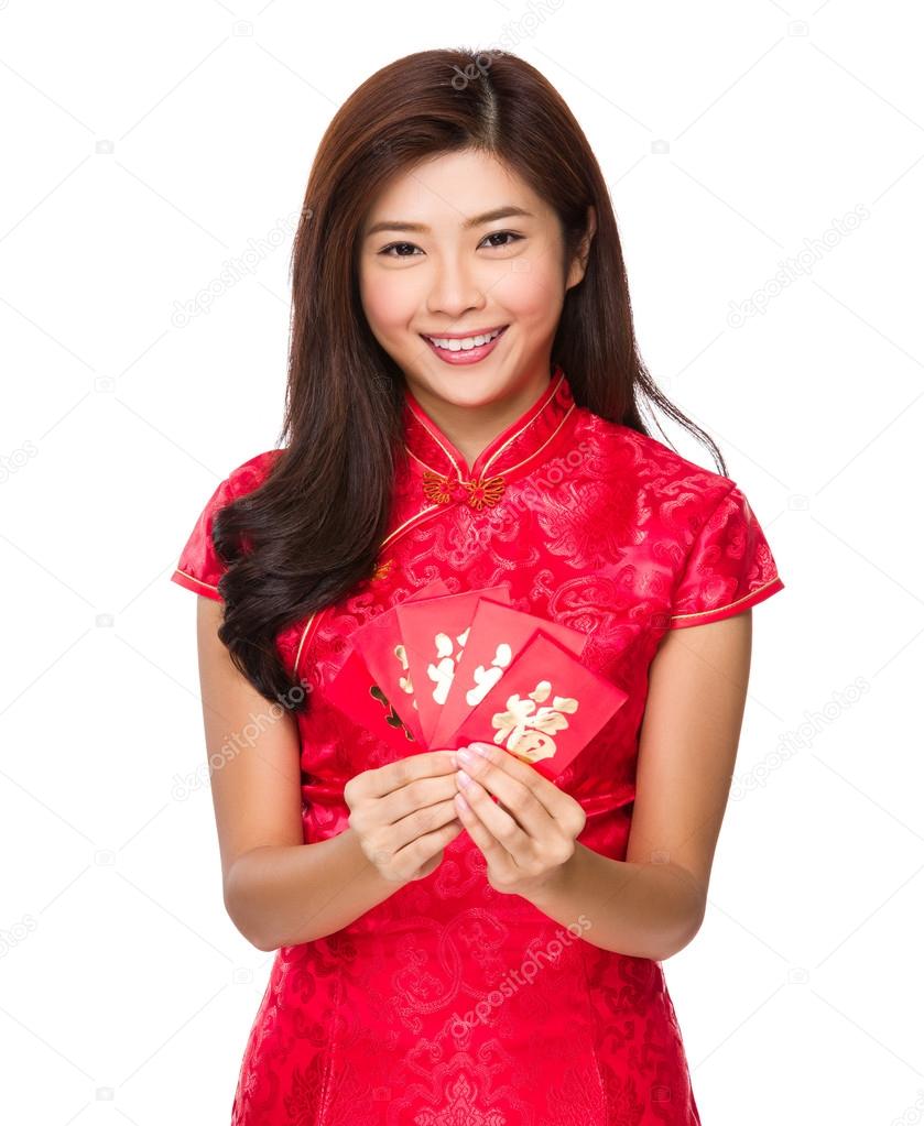 Asian woman in red dress