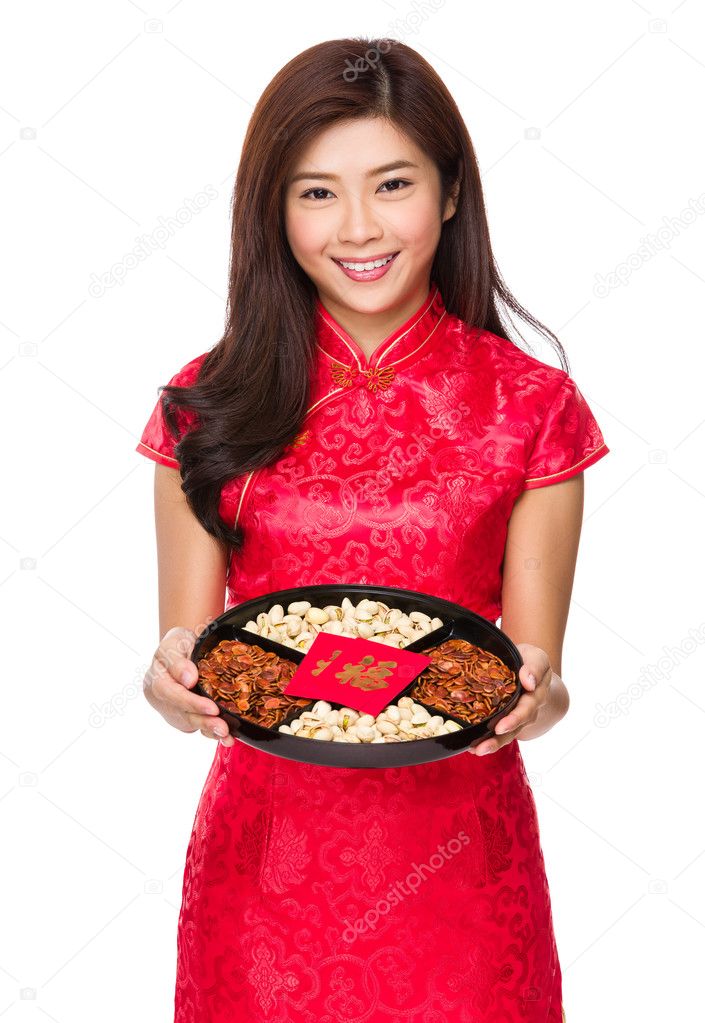 Asian woman in red dress