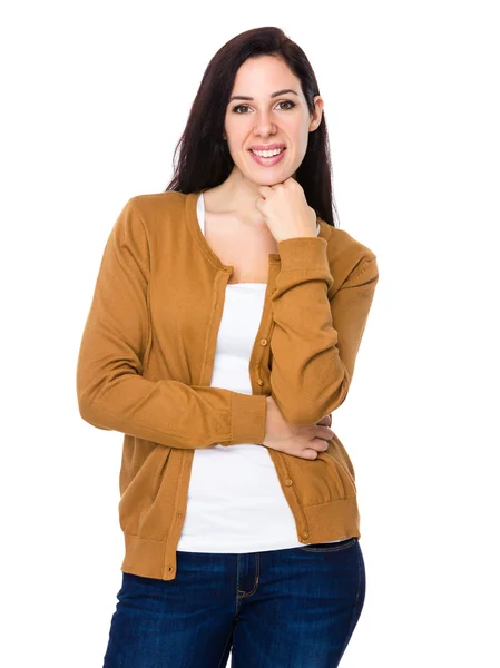 Caucasian woman in brown cardigan — Stock Photo, Image