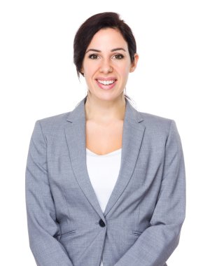 Gri takım elbiseli beyaz iş kadını