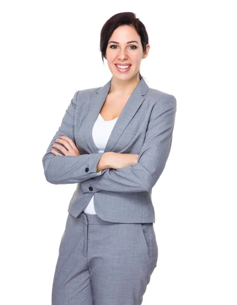 Mulher de negócios caucasiana em terno cinza — Fotografia de Stock