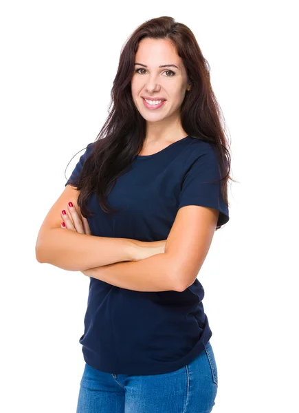 Mulher caucasiana em camisa azul t — Fotografia de Stock