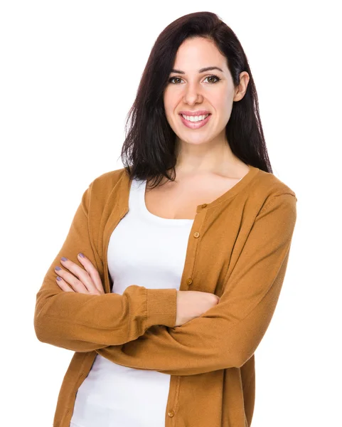 Caucasian woman in brown cardigan — Stock Photo, Image