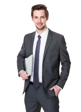 Gri takım elbiseli beyaz iş adamı