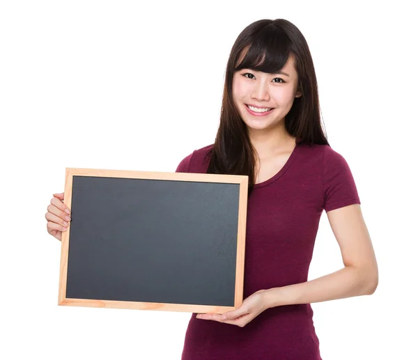 Woman with small black board — Stock Photo, Image