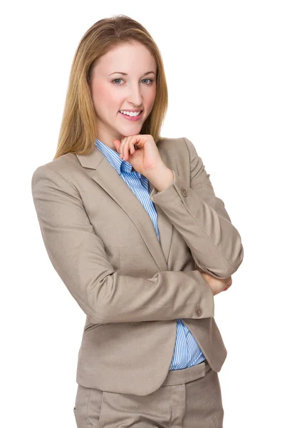Mulher de negócios caucasiana em terno bege — Fotografia de Stock