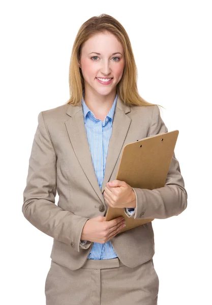 Mujer de negocios caucásica en traje beige — Foto de Stock