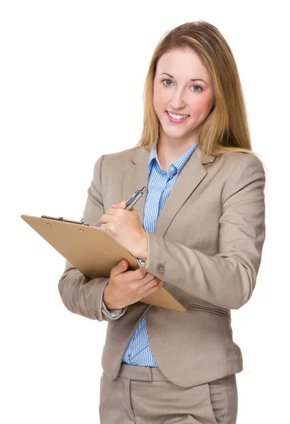 Mulher de negócios caucasiana em terno bege — Fotografia de Stock