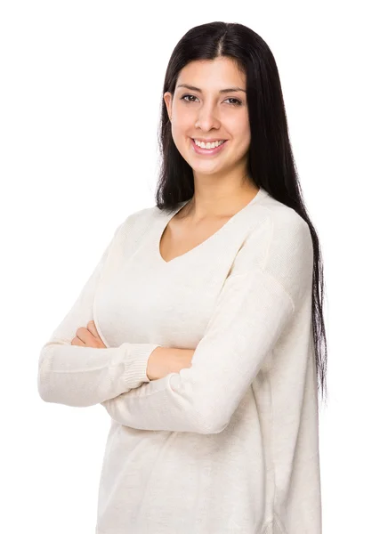 Gemischte indische Frau im weißen Pullover — Stockfoto