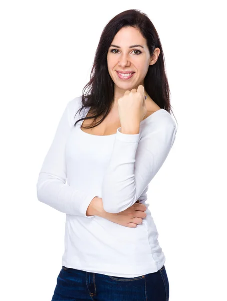 Kaukaski kobieta w białym swetrze — Zdjęcie stockowe