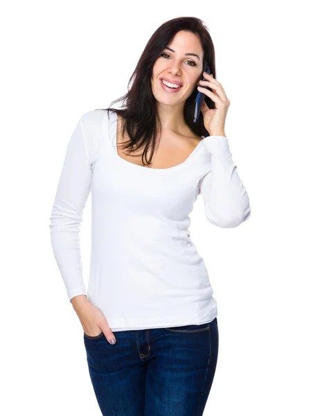 Caucasian woman in white sweater — Stock Photo, Image